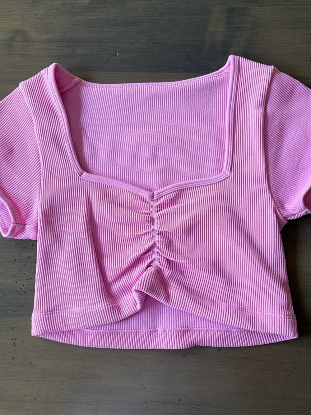 Pink Ribbed Ruched Square-Neck Crop Top - Women